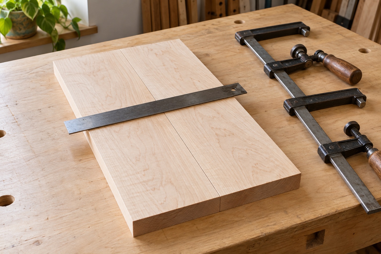 Two maple boards dry-fitted edge to edge, with a steel straightedge across the faces and clamps ready nearby.
