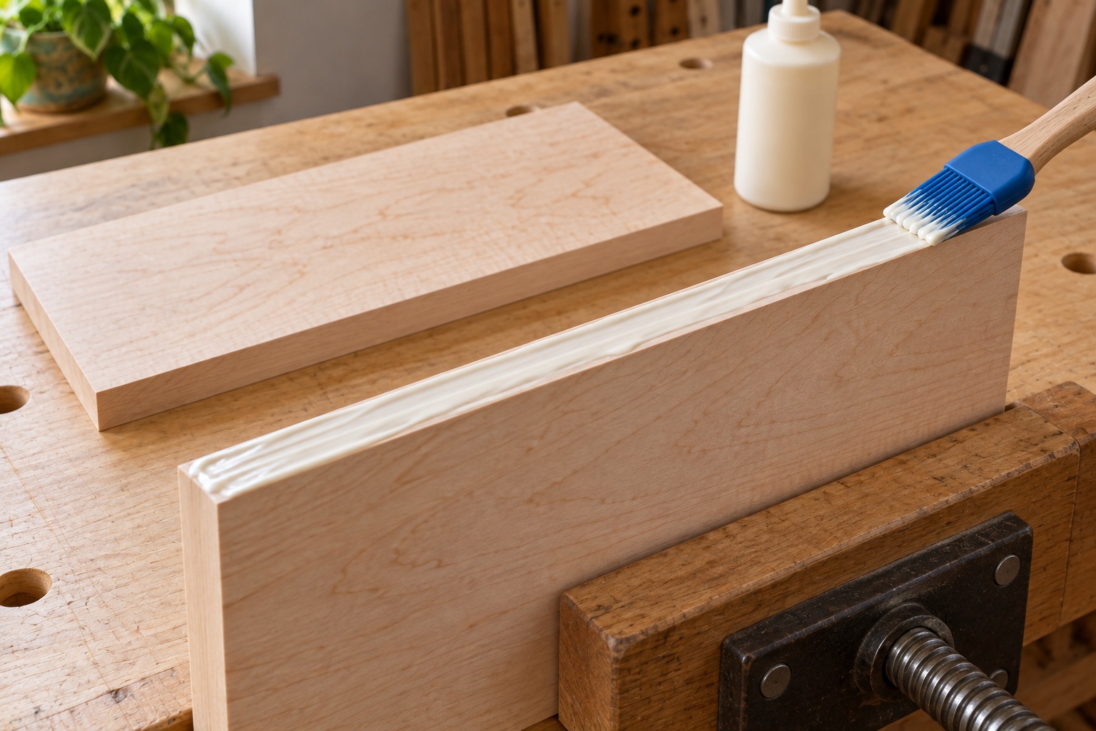 A maple board held upright in a bench vise while a silicone brush spreads PVA wood glue along its narrow long edge.