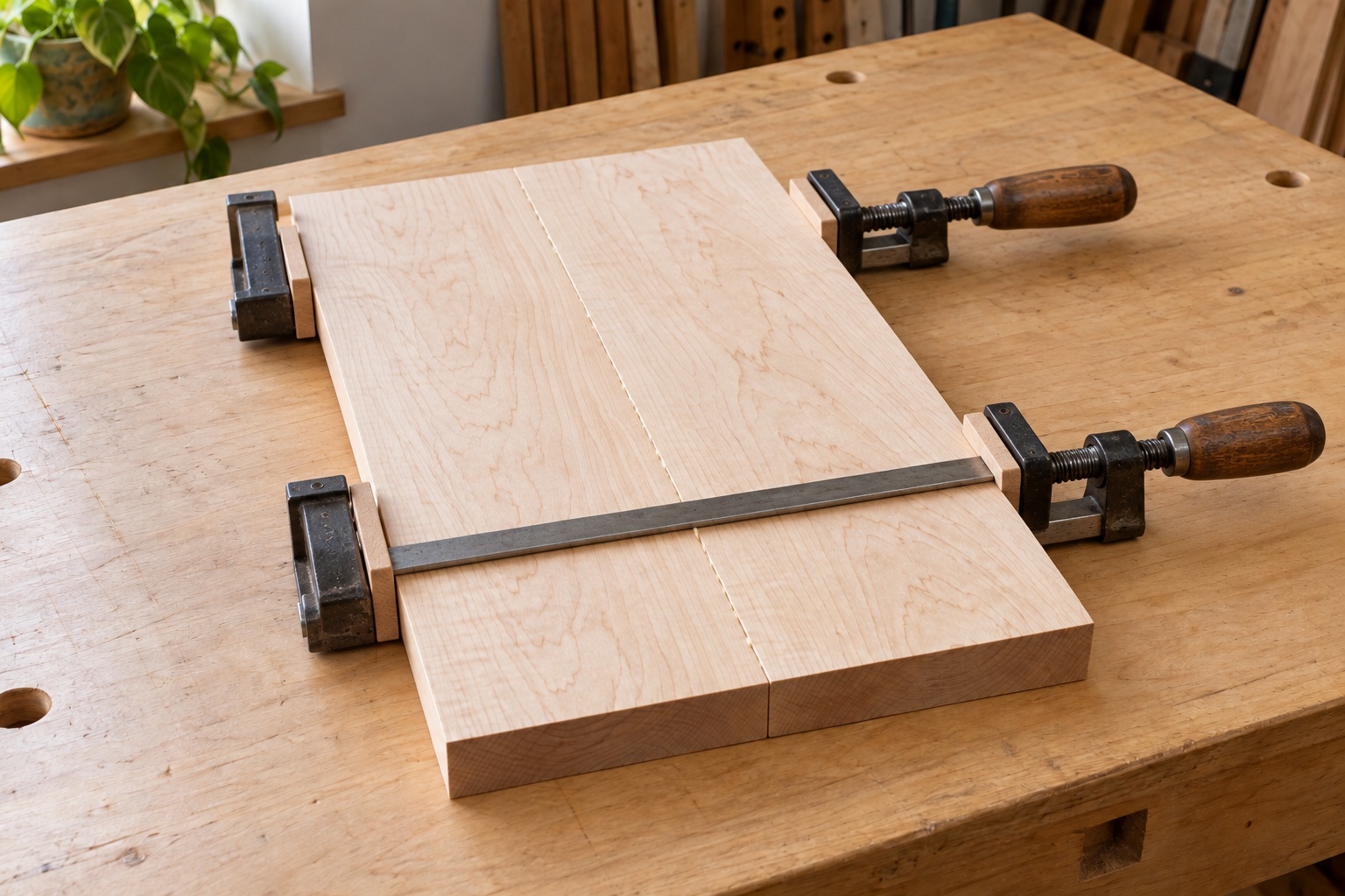 Two maple boards joined into a panel with two clamps pressing across the seam through wooden protective pads.